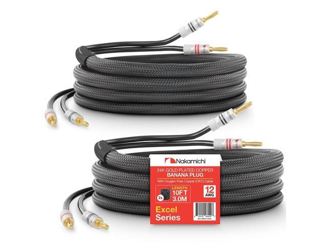 Excel Series 24k Gold Plated Banana Plug with (10 Feet) Speaker Cable Wire 99.9% Oxygen-Free Copper (OFC) Heavy Duty Braided in-Wall CL2 Rated -.