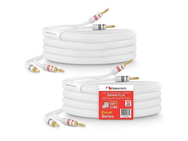 Excel Series 24k Gold Plated Banana Plug with (10 Feet) Speaker Cable Wire 99.9% Oxygen-Free Copper (OFC) Heavy Duty Braided in-Wall CL2 Rated -...