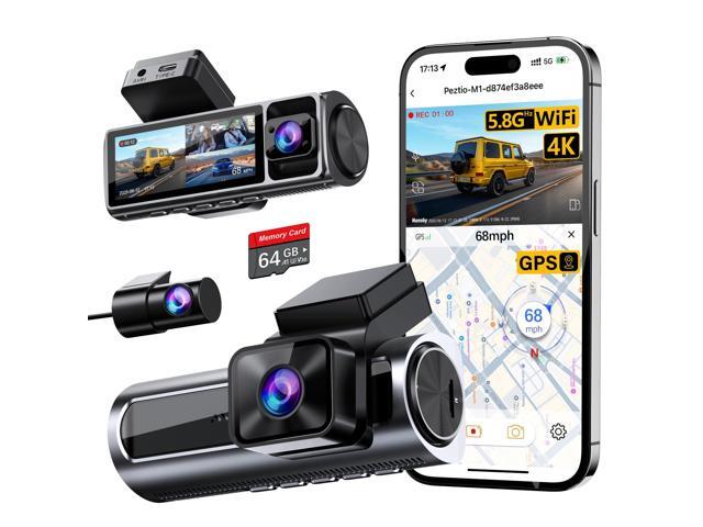 4K 3 Channel Dash Cam Front and Rear Inside, Built-in 5.8GHz WiFi GPS, 64GB Card Included, 4K+1080P+1080P Dash Camera for Cars, 3.18'' IPS Screen.