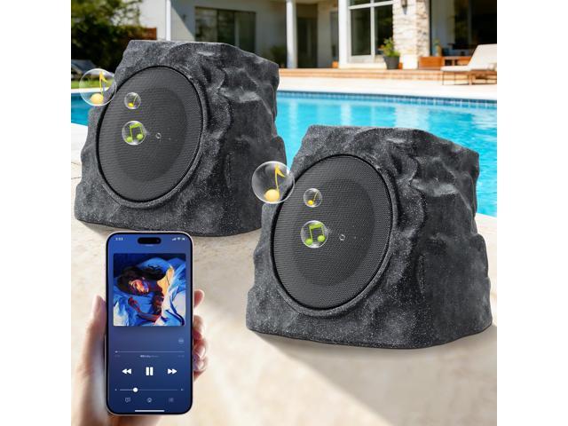 2-Pack Rock Speakers Outdoor Waterproof with RGB Color Lights Multi-Sync Up to 100 Speakers,Auto-Pairing,Solar-Powered and USB Charging for Patio...