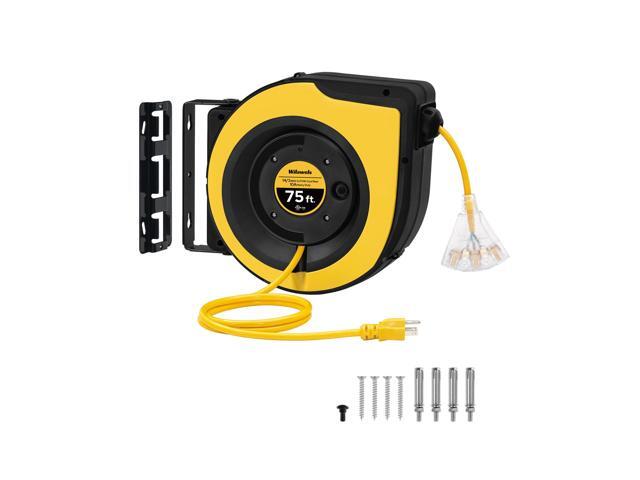 Retractable Extension Cord Reel, 75 FT Extension Cord Reel, 14AWG/3C SJTOW Heavy Duty Power Cord Reel, Lighted Triple Tap, 10A Circuit Breaker,.
