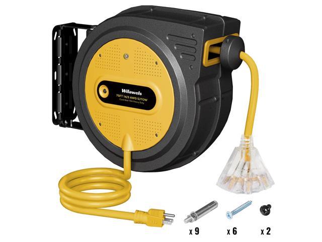 75 FT Retractable Extension Cord Reel, Heavy Duty Power Cord, 14AWG/3C SJTOW, 3 Grounded Outlets Lighted Triple Tap, 10A Circuit Breaker,.