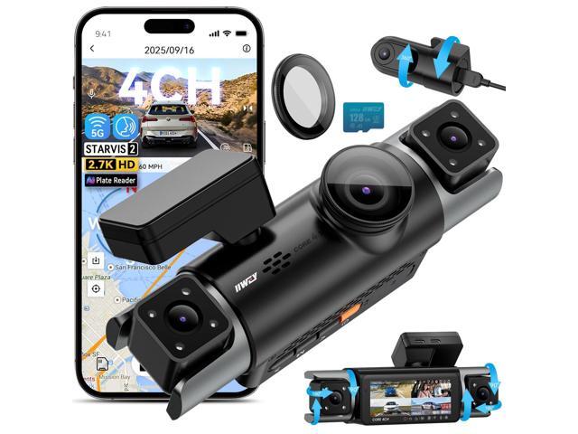 4 Channel Dash Cam 360° View, STARVIS 2 Front 2.7K Rear 2K Inside 1080P x2, 8IR LEDs Night Vision 3.0, PlateTag AI for Plate Clarity, 5GHz WiFi.