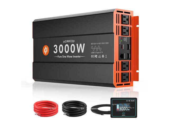 3000W Pure Sine Wave Power Inverter 12V DC to 110V AC Converter Peak Power 6000W for RV Truck Off-Grid Solar Car Inverter with 4 AC Outlets, 2 USB.