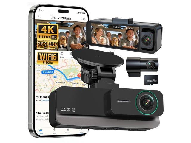 4K+2.5K+2.5K 3 Channel Dash Cam - Front/Rear/Inside - 5.8GHz WiFi 6 Dashcam with IR Night Vision, 64GB Card, 24H Parking Mode, G-Sensor - Car Dash...