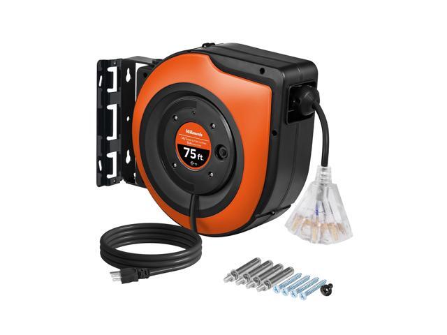Retractable Cord Reel, 75 FT Heavy Duty Extension Cord, 14AWG/3C SJTOW, 3 Grounded Outlets Lighted Triple Tap, 10A Circuit Breaker, Wall/Ceiling.