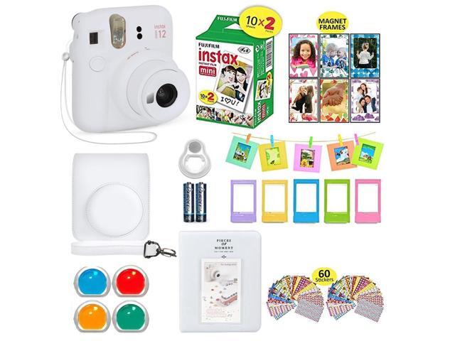 Instax Mini 12 Instant Camera Clay White + Shutter Compatible Carrying Case + Fuji Film Value Pack (20 Sheets) + Shutter Accessories Bundle, Color.