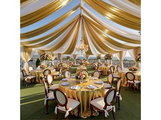 30ftx40ft Gold Ceiling Curtain for Wedding Parties 6 Panels Wrinkle-Free 40 FT Long Tent Draping Curtains for Wedding, Birthday & Theme Parties,...