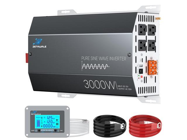 3000 Watts Pure Sine Wave Inverter 12V DC to 110V/120V AC Converter, 6000W Peak, LCD Remote Control, 4 AC Outlets, USB & Type-C for RV, Truck,.