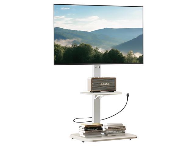 Floor TV Stand with Power Outlet, Universal TV Stand for 32-75 inch TVs up to 110 lbs, Tall TV Mount for Bedroom with Shelf, Wood Base, Height.
