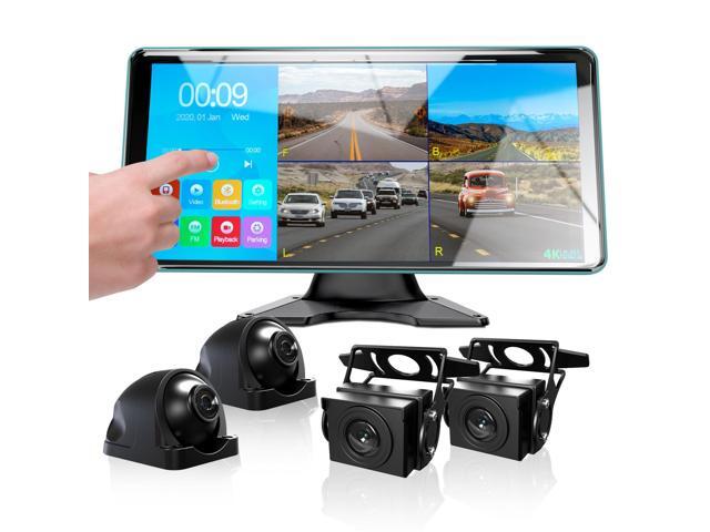 4K Backup Camera 4 Channel 360 Dash Cam with 10.36' Quad Split Touch Screen & 4 AHD Front Rear Sides View Camera w/DVR Recording Music Video.