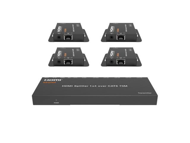 1x4 HDMI Extender Splitter 4K Over Cat6 70m/230ft POC with 4X Receivers IR Control EDID HDMI Over Ethernet Splitter