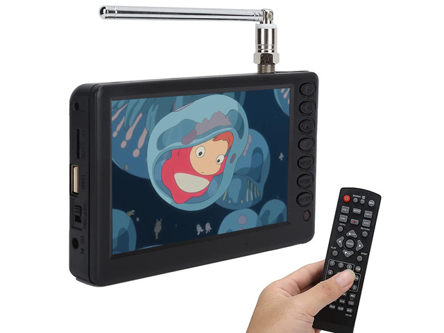 Portable ATSC HD TFT LED Digital TV - 5' Mini TV with Remote Control, 1080P, Rechargeable Battery, USB & TF Card Support, for Car, Camping & Kitchen