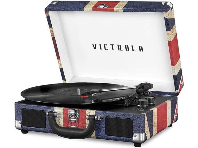 Journey Bluetooth Portable Suitcase Record Player with Built-in Speakers, 3 Speed Vinyl Record Player, RCA Out, Headphone Jack (UK Flag)