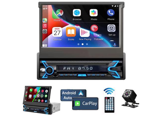 Single Din Car Stereo Compatible with Apple Carplay & Android Auto, 7inch Flip Out Touchscreen Car Radio with Bluetooth Foldable Car Audio.