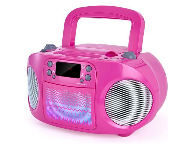 Kids Portable CD Player Boombox with Bluetooth & Multi-Color LED Lights - Pink Stereo Radio with USB/AUX, Karaoke Mic Input, MP3 Music Player for...
