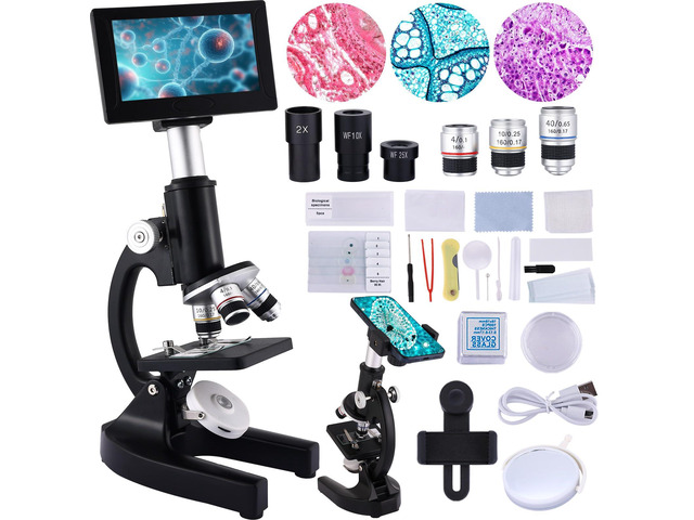 Microscope 40X-2500X Magnification with 4.3-inch Display, Wide-Angle 10X and 25X eyepieces, and Built-in 5-megapixel Camera for School Labs, Animal...