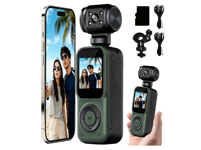 Pocket Camera 4K Output 64GB, WiFi Body Cameras with Audio and Video Recording, Dual Light & 7 Hour Battery (Green)
