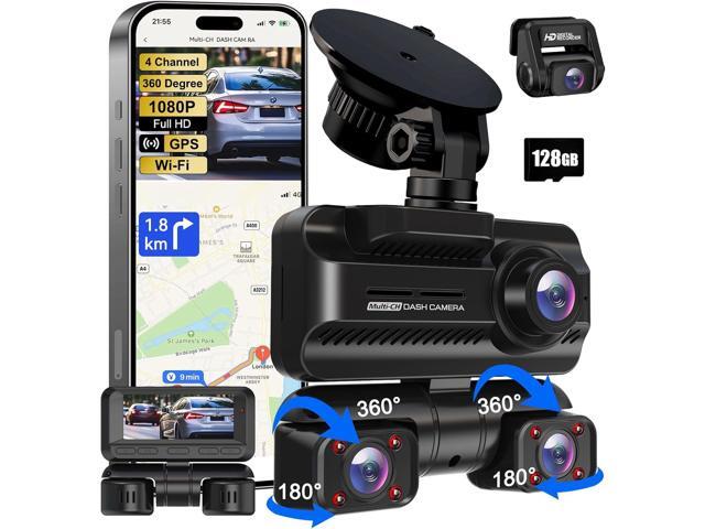 Dash Cam 4 Channels 360Â° Front Rear Inside DashCam, 4K Full HD Car Camera with 128G Card, Built-in Wi-Fi GPS, 3.18 IPS Screen, WDR Night Vision,.