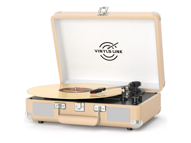 VINYLSLINK Bluetooth Vinyl Record Player with Treble & Bass Adjustment, Vintage Portable Turntable Suitcase with Built-in Speakers, 3-Speed Belt...