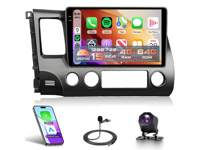 4G 64G Android Car Stereo for Honda Civic 2006-2011, Wireless CarPlay & Android Auto, 5GHz WiFi GPS, 10.1'' Touchscreen, Bluetooth/FM/RDS, EQ, SWC...