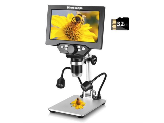 7' 12MP Digital Microscope, 1200X Magnification, 1080P USB Camera, 32GB TF Card, PC View, Rechargeable, LED Lights for Coin/PCB/Jewelry/Plant/Rock...
