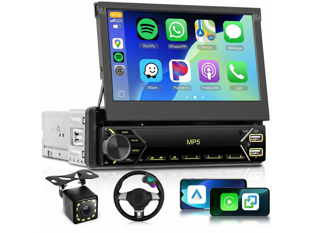 Single Din Flip Out Radio with Wireless/Wired Carplay Android Auto, 7' IPS Touchscreen Stereo Single Din Flip Out Radio with YouTube BT Mirror Link...