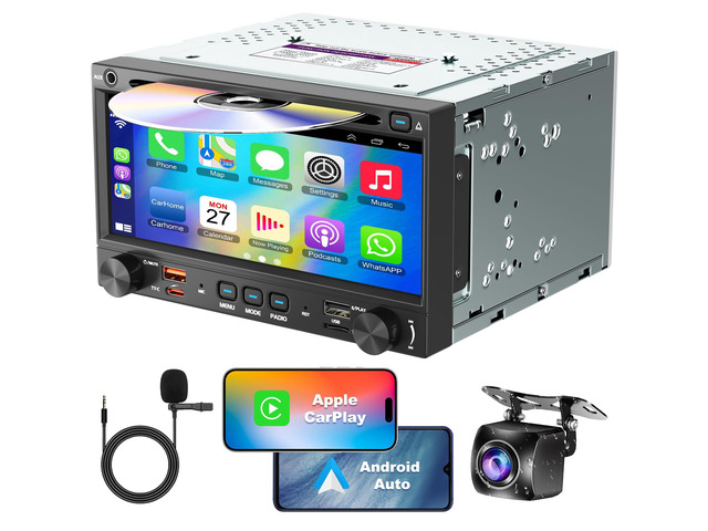Double Din Car Stereo CD DVD Player with Wireless Carplay & Android Auto, 7 inch Car Radio 4.2-Channel Audio Output Bluetooth & Voice Control, Mirror...