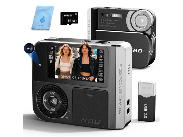 64MP & 4K Digital Camera for Photography,Pocket Camera,Swipe to Power On,5X Digital Zoom,Dual Screen for Self-Framing,Auto Focus,21 Filters,USB...