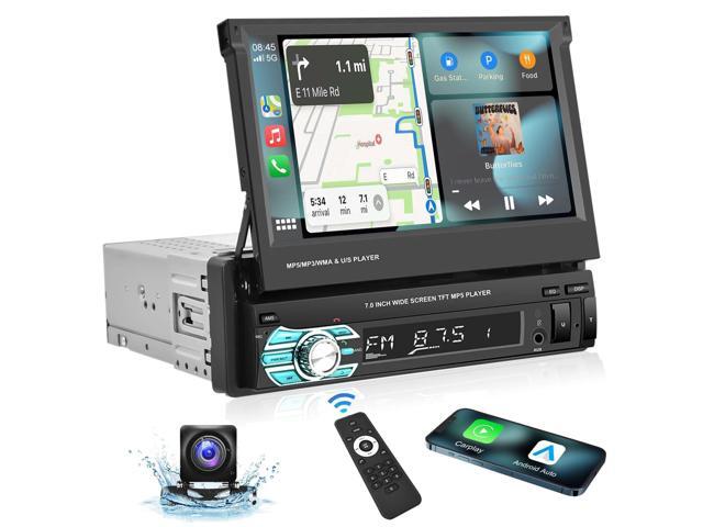 Single Din Carplay Car Stereo with Bluetooth AHD Backup Camera, 7 Inch flip Out Touch Screen Car Radio MP5 Player Support Android Auto, Mirror...