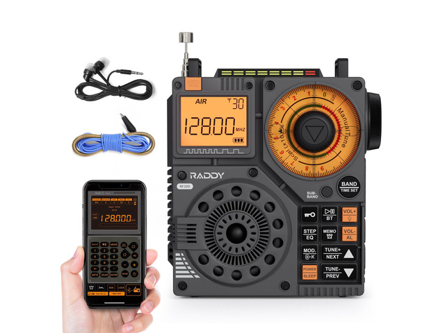 RF320 App Control Shortwave Radio, All-Band Receiver, Black AIR/FM/AM/VHF/SW/WB coverage, 9.85 ft wire antenna included, rechargeable battery