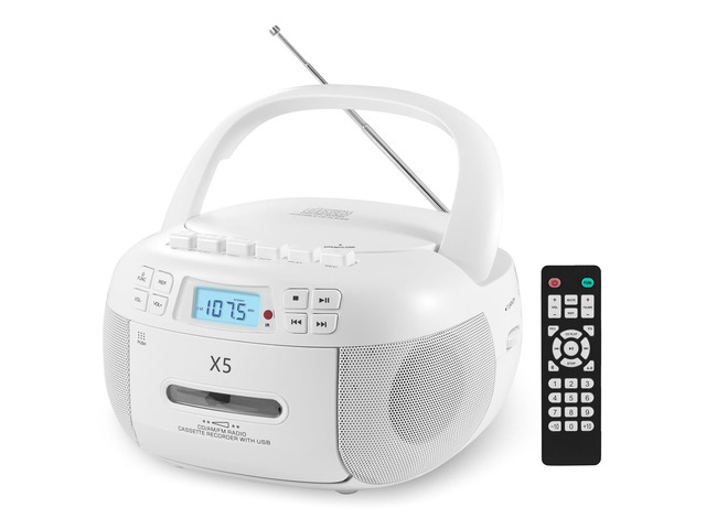 Portable CD and Cassette Player Combo Boombox with AM FM Radio CD Cassette Player with Bluetooth, Remote Control, Tape Recording, AUX/TF/USB/MP3...