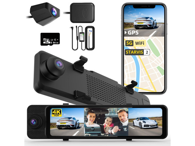 3 Channel Rear View Mirror Camera, 4K+1080P+1080P Front Inside and Rear 12' Touch Screen Car Camera, Backup Camera with 5GHz WiFi GPS, 24H...