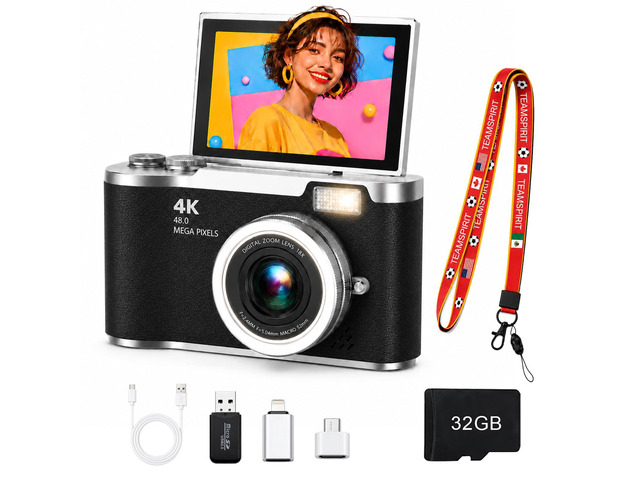 4K Digital Camera with Flip Screen, 4800W Point and Shoot Digital Cameras for Photography, 180° Rotating Selfie Camera with 32GB SD Card,Neck...