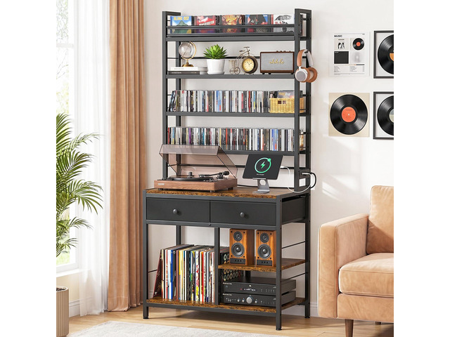 Tall CD Rack with Power Outlet & Drawers, 8-Tier DVD Storage Shelf Media Storage Cabinet for CDs/DVDs, Vinyl Records, Books Games, Ideal for...