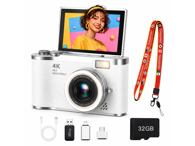 4K Digital Camera with Flip Screen, 4800W Point and Shoot Digital Cameras for Photography, 180Â° Rotating Selfie Camera with 32GB SD Card,Neck...
