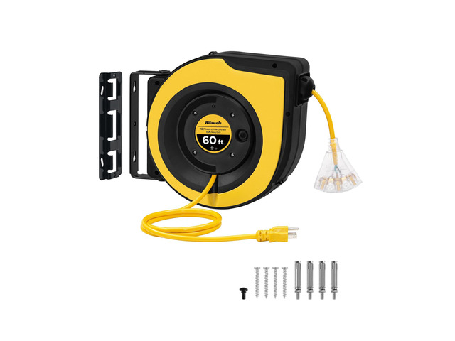 Retractable Cord Reel, 60 FT Heavy Duty Extension Cord, 12AWG/3C SJTOW, 3 Grounded Outlets Lighted Triple Tap, 15A Circuit Breaker, Wall/Ceiling...