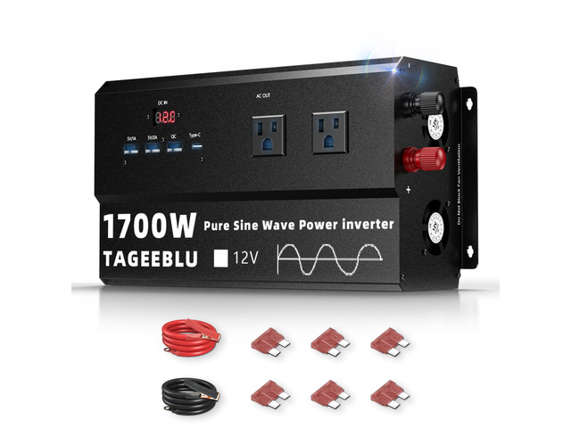 1700W Pure Sine Wave Power Inverter 12V DC to 110V 120V AC for Solar, Truck Inverter for Car with 4 AC Outlets & 4 USB (30W QC & PD), LCD...