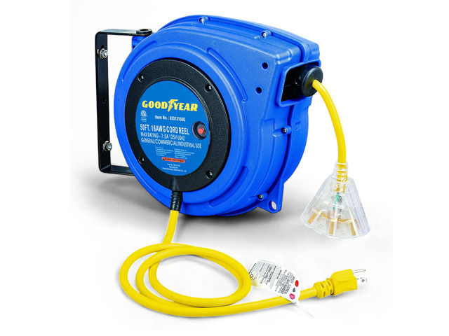 Extension Cord Reel Retractable 16AWG x 50' Foot 3C/SJTOW Commercial Cable LED Triple Tap Connector Power 10A 125VAC 938W 3C/SJTOW Commercial...