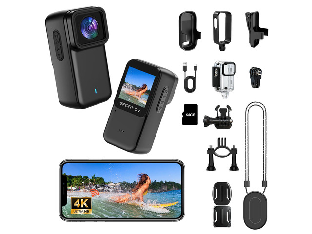 4K Mini Action Camera with Screen, Waterproof Body Camera with Wi-Fi, Thumb Cameras with Magnetic Mount, Small Body Cam for Vlogging, Portable POV...