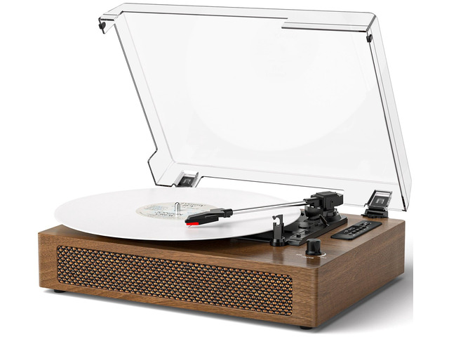 Vinyl Record Player Extended Size with Bluetooth Playback, Built-in Speakers, USB Recording, LED Display, 3-Speed Turntable - Walnut