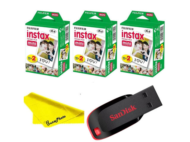 Instax Mini Instant Camera Film with Sandisk 32 GB USB Flash Drive + 3 x Mini Twin Packs (60 Sheets) and Buzz-Photo Microfiber Cleaning Cloth