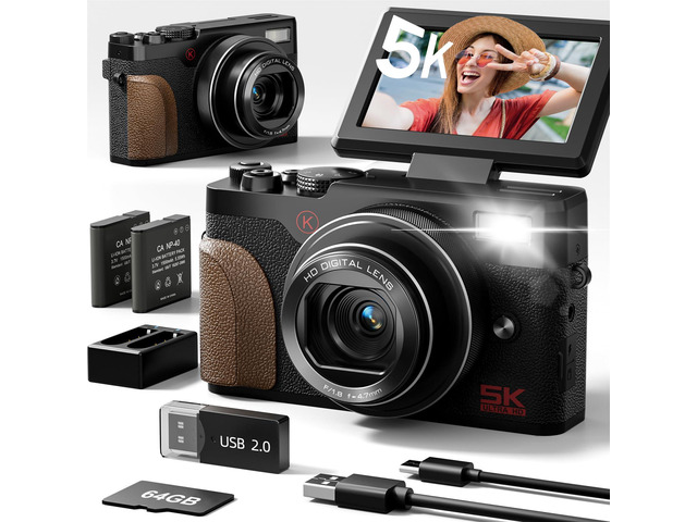 5K Digital Cameras for Photography,18X Digital Zoom Autofocus,180Â° Screen Flips, Anti-Shake,64MP Vlogging Cameras for YouTube,2 Batteries,64GB TF...