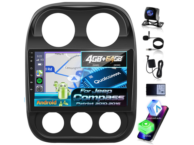 [8 Core 4+64G] Upgrade Android Radio for Jeep Compass Patriot 2010-2016, 9 inch IPS Touchscreen Carplay Stereo - 3D Car Model, Cooling Fan,...