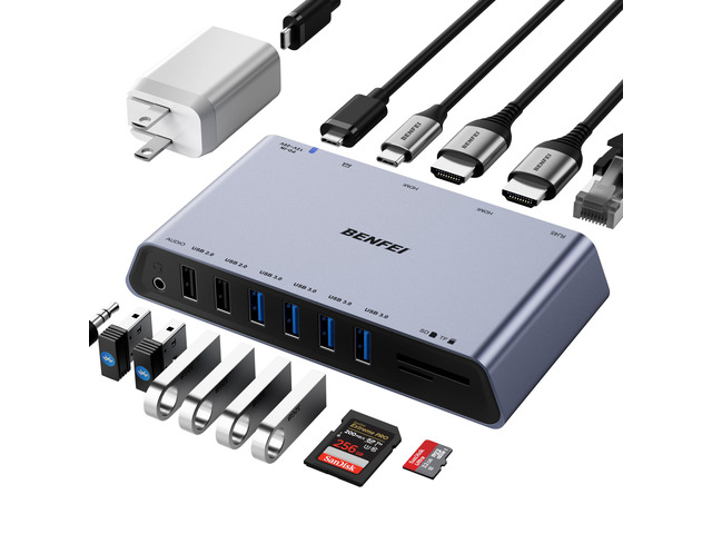 DisplayLink 12-in-1 USB 3.0 Universal Docking Station with Dual HDMI Display/6*USB Ports/SD/TF Card Reader/Gigabit Ethernet Network/3.5mm Female...