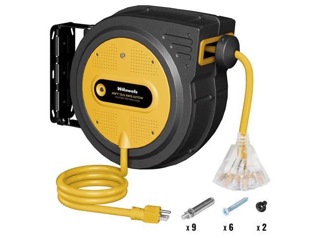 45 FT Retractable Extension Cord Reel, Heavy Duty Power Cord, 12AWG/3C SJTOW, 3 Grounded Outlets Lighted Triple Tap, Ceiling/Wall Mount,15 Amp.