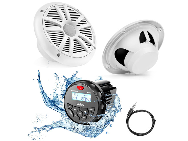 Marine Audio System Stereo Speaker Package, Bluetooth, MP3 USB AM FM Marine Stereo - 2 x 6.5 Inch White Speakers, Antenna