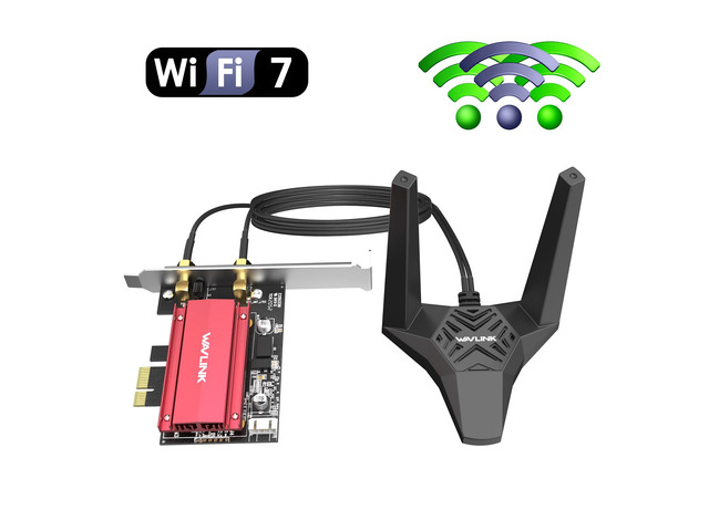 WAVLINK BE6500 Wi-Fi 7 PCIe Adapter with BT 5.4, Heatsink & LP Bracket External antenna base with BE6500 tri-band speed and MU-MIMO for low...