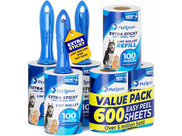 Extra Sticky Lint Roller Mega Value Set 600 Sheets for Pet Hair Removal, Dog and Cat Lint Remover 6 Pack