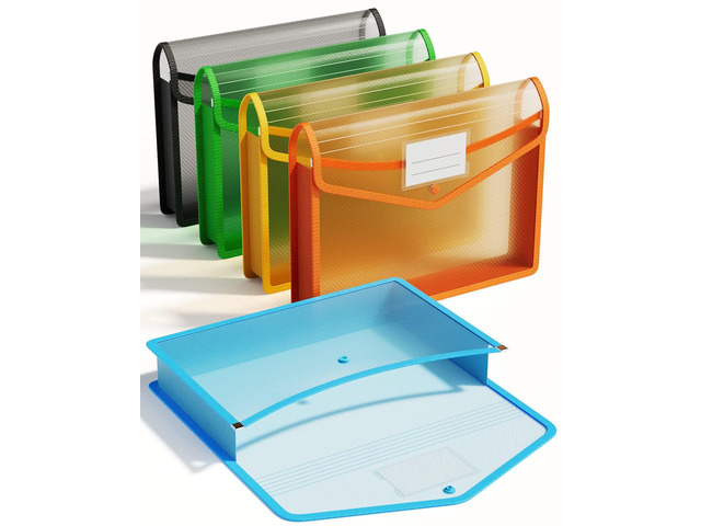 Plastic Expanding File Folder, Transparent Envelopes with Snap No Dividers, Large Capacity, Assorted Colors, Fits Letter / A4 Size - 5 Pack
